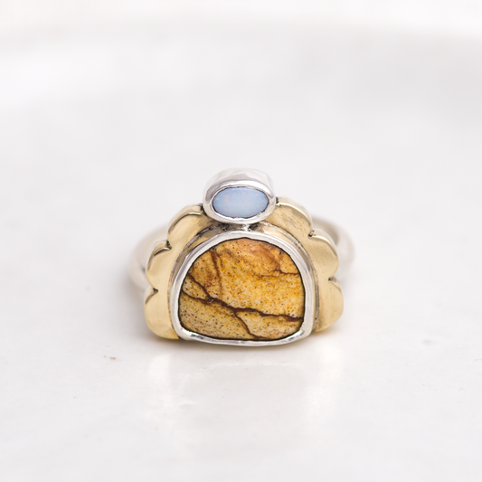 Mini Tidal Ring ◇ Oregon Landscape Jasper + Australian Opal ◇  Size 6