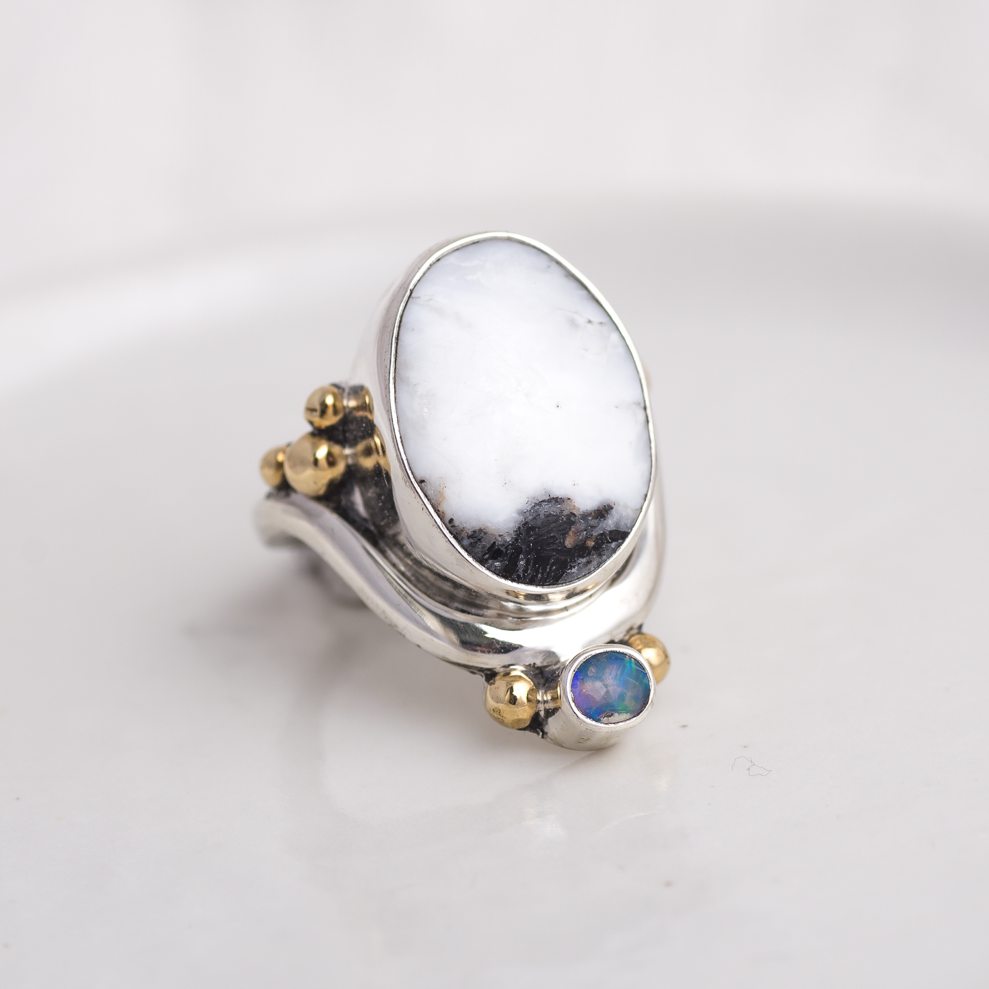 Mixed Metal Crowned Embrace Ring ◇ White Buffalo + Australian Opal ◇ Size 8