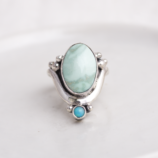 Crowned Embrace Ring ◇ Variscite + Australian Opal ◇ Size 7