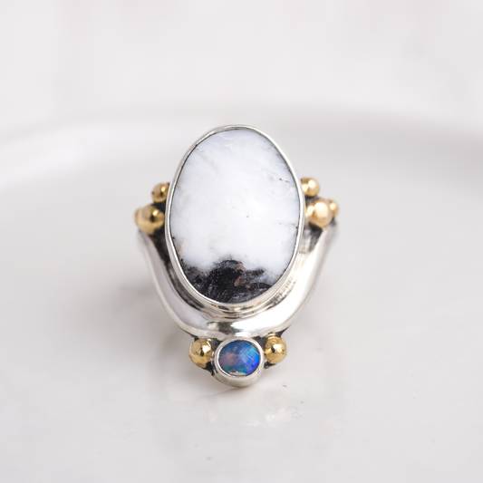 Mixed Metal Crowned Embrace Ring ◇ White Buffalo + Australian Opal ◇ Size 8