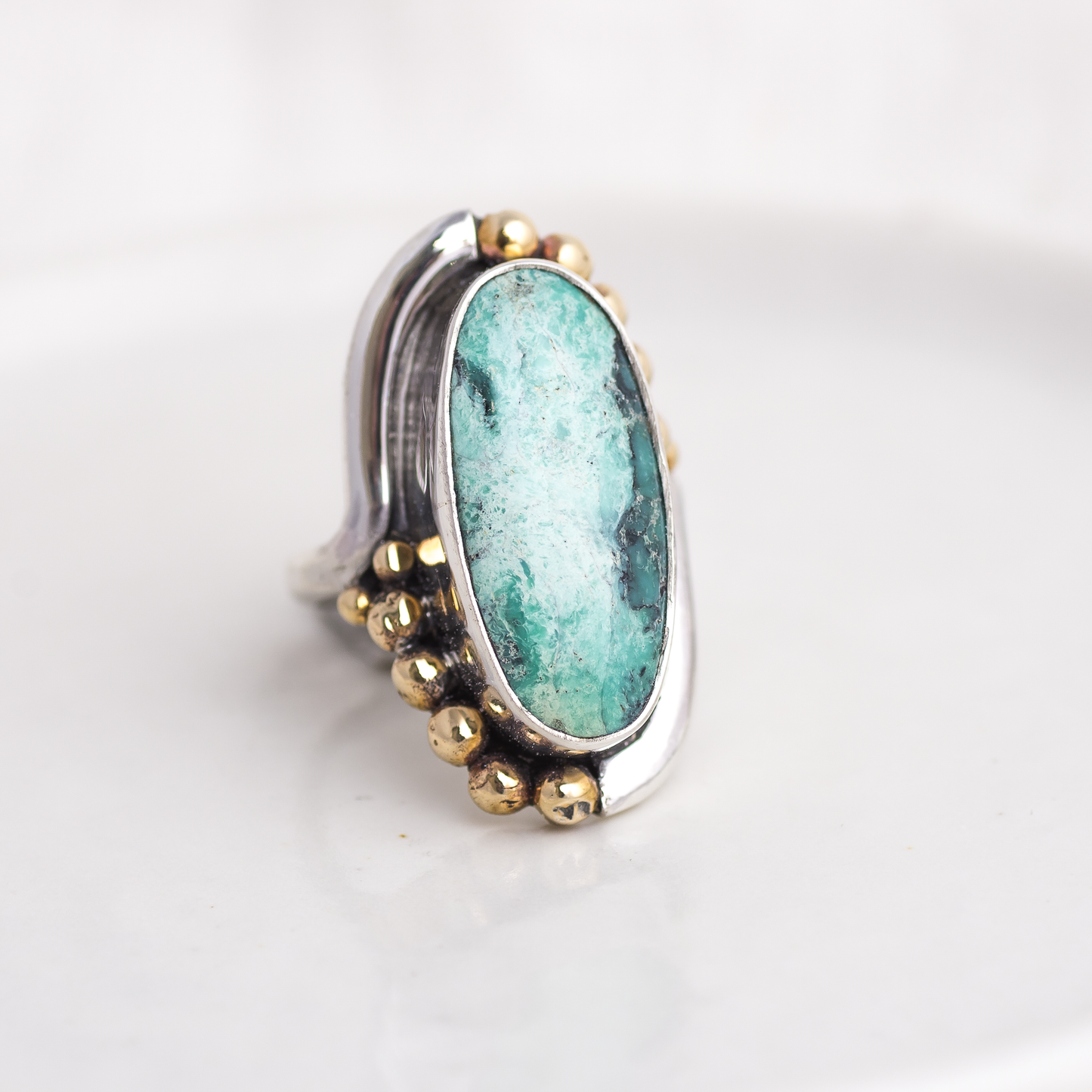 Mixed Metal Origin Embrace Ring ◇ Crescent Lake Variscite ◇ Size 7