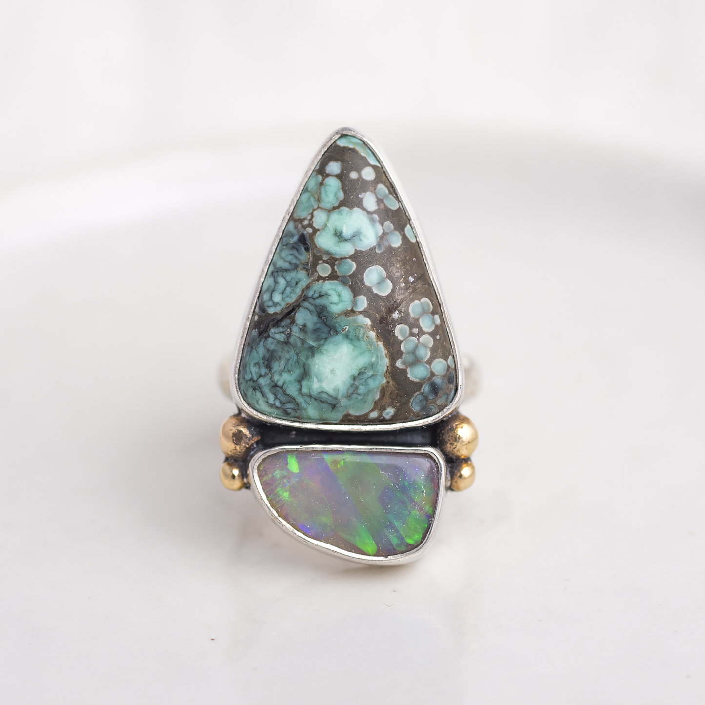 Duo Ring ◇ New Lander Variscite + Australian Opal ◇ Size 7