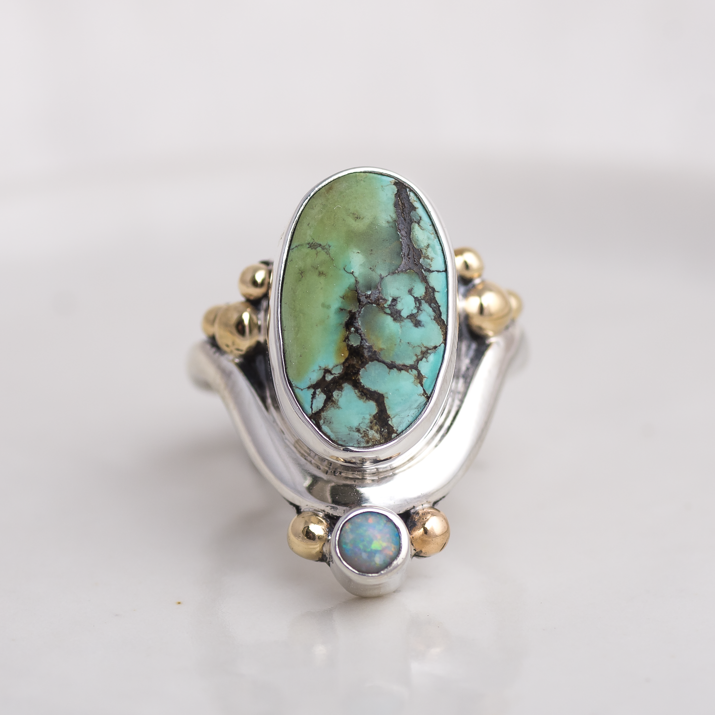 Mixed Metal Crowned Embrace Ring ◇ Hubei Turquoise + Australian Opal ◇ Size 7