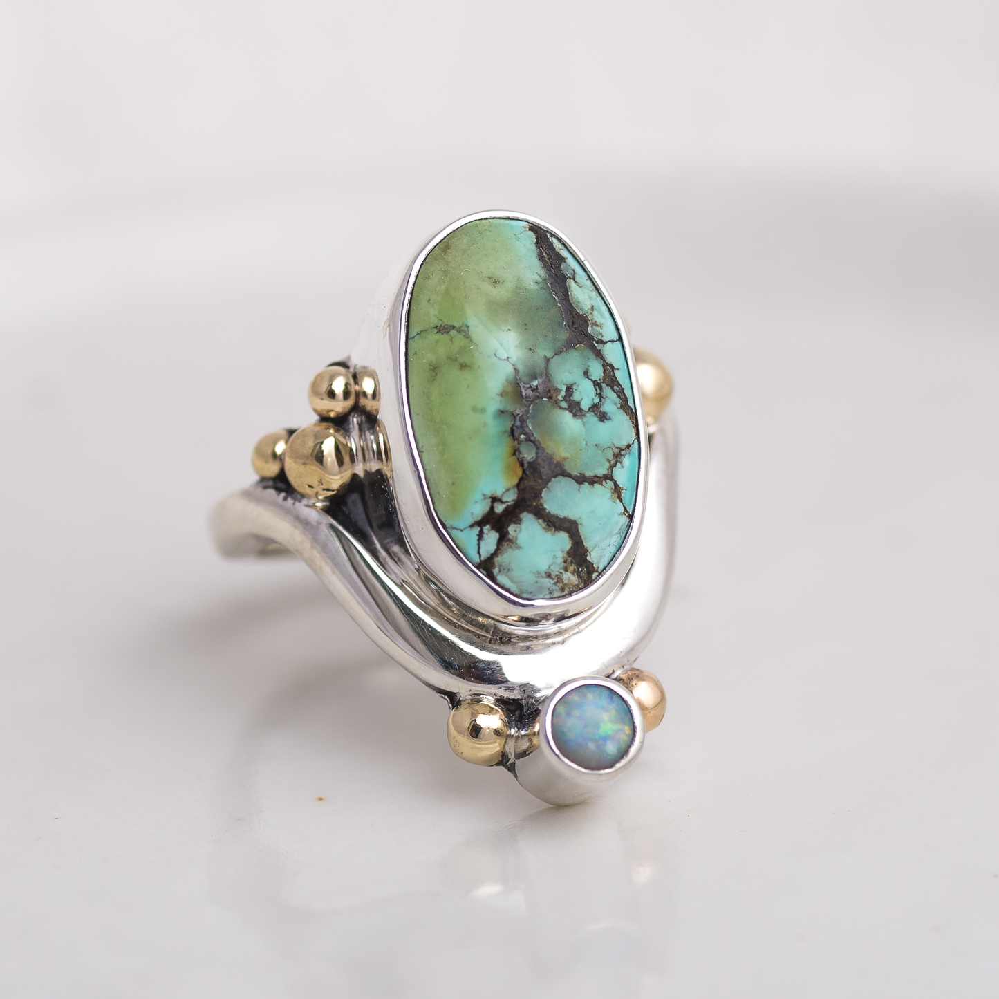 Mixed Metal Crowned Embrace Ring ◇ Hubei Turquoise + Australian Opal ◇ Size 7