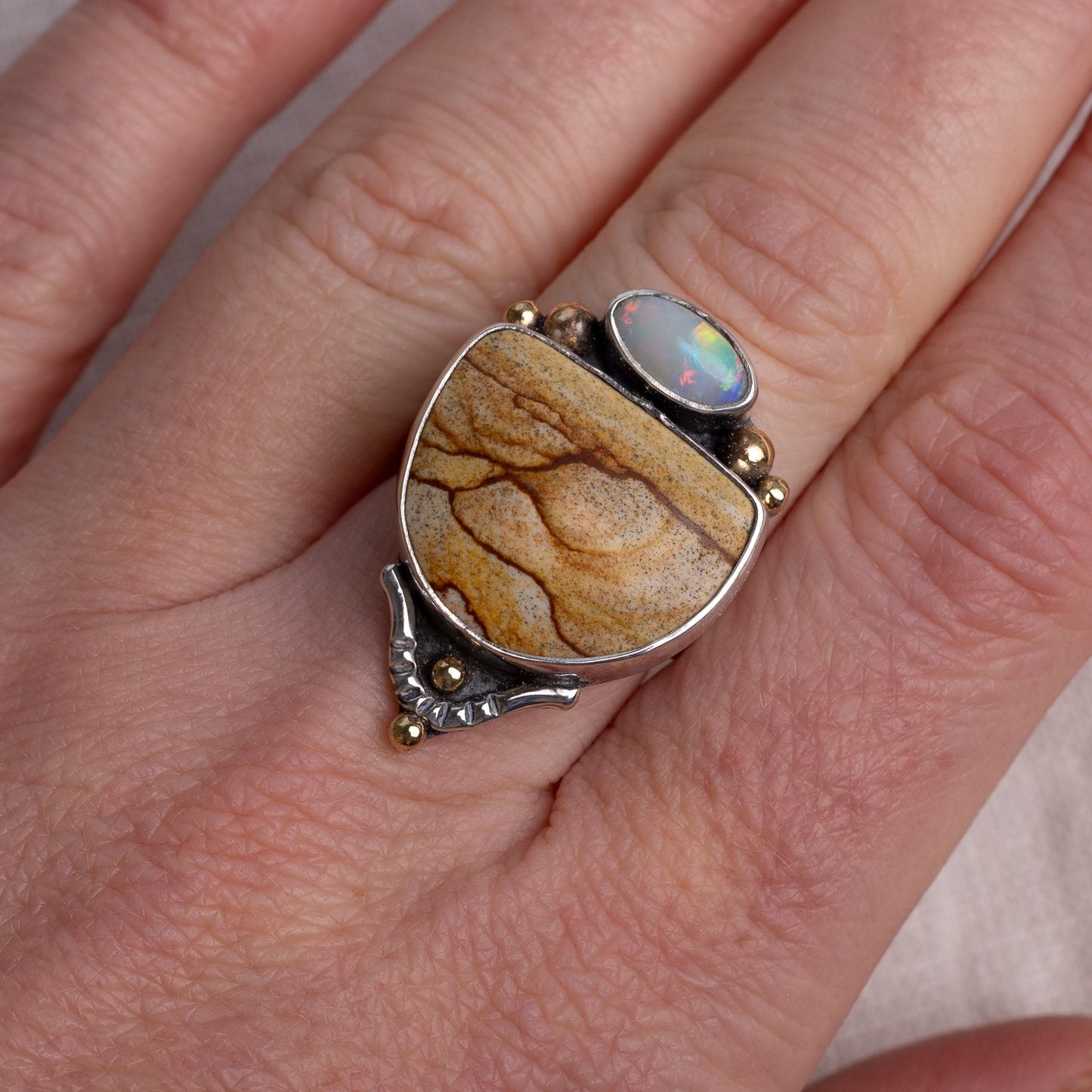 Mixed Metal Valley Ring ◇ Oregon Landscape Jasper + Australian Opal ◇ Size 8