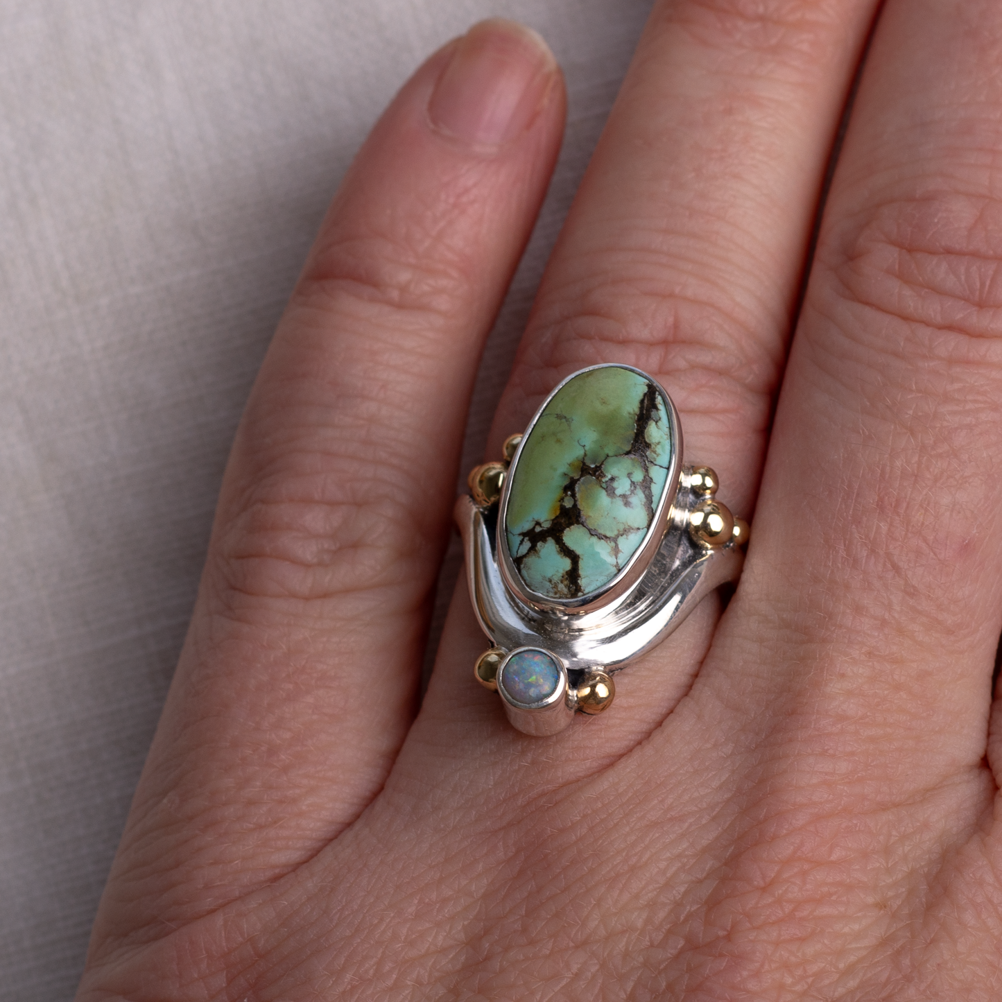 Mixed Metal Crowned Embrace Ring ◇ Hubei Turquoise + Australian Opal ◇ Size 7