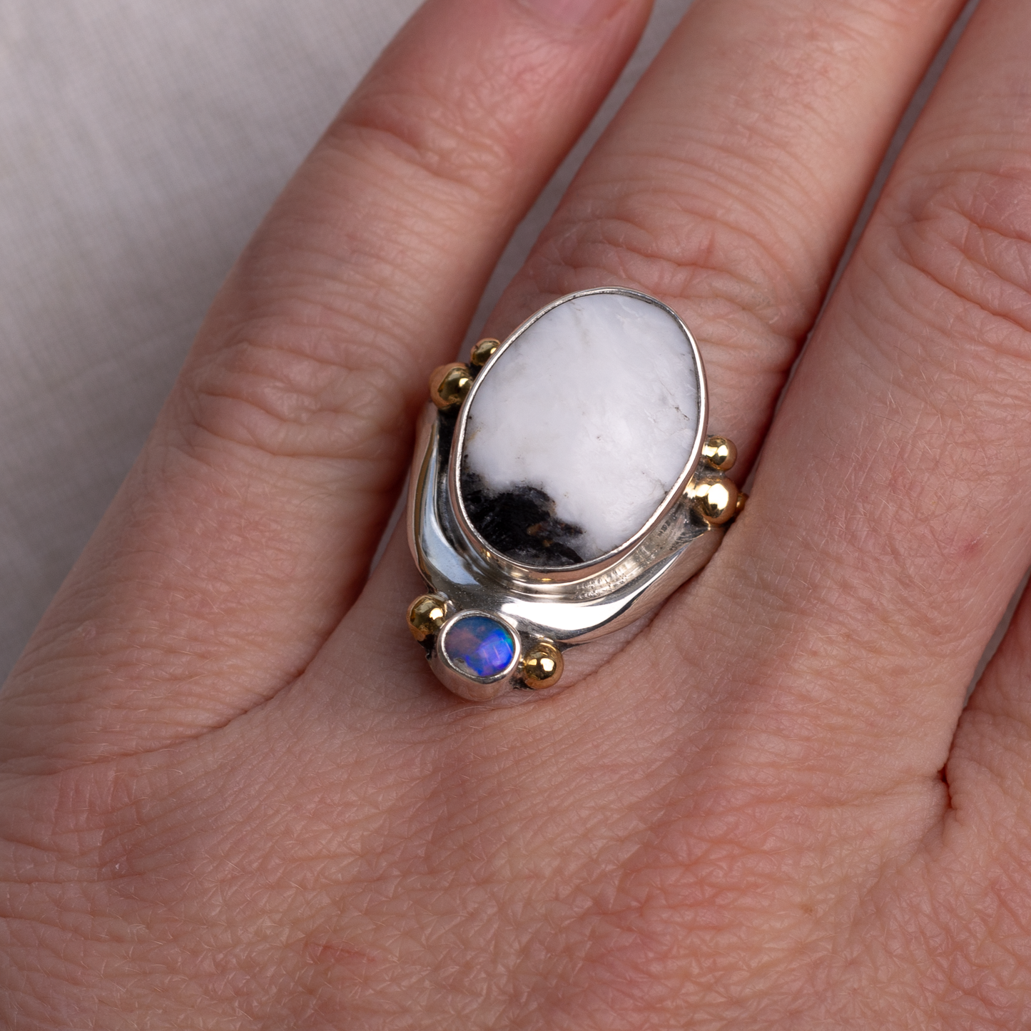 Mixed Metal Crowned Embrace Ring ◇ White Buffalo + Australian Opal ◇ Size 8