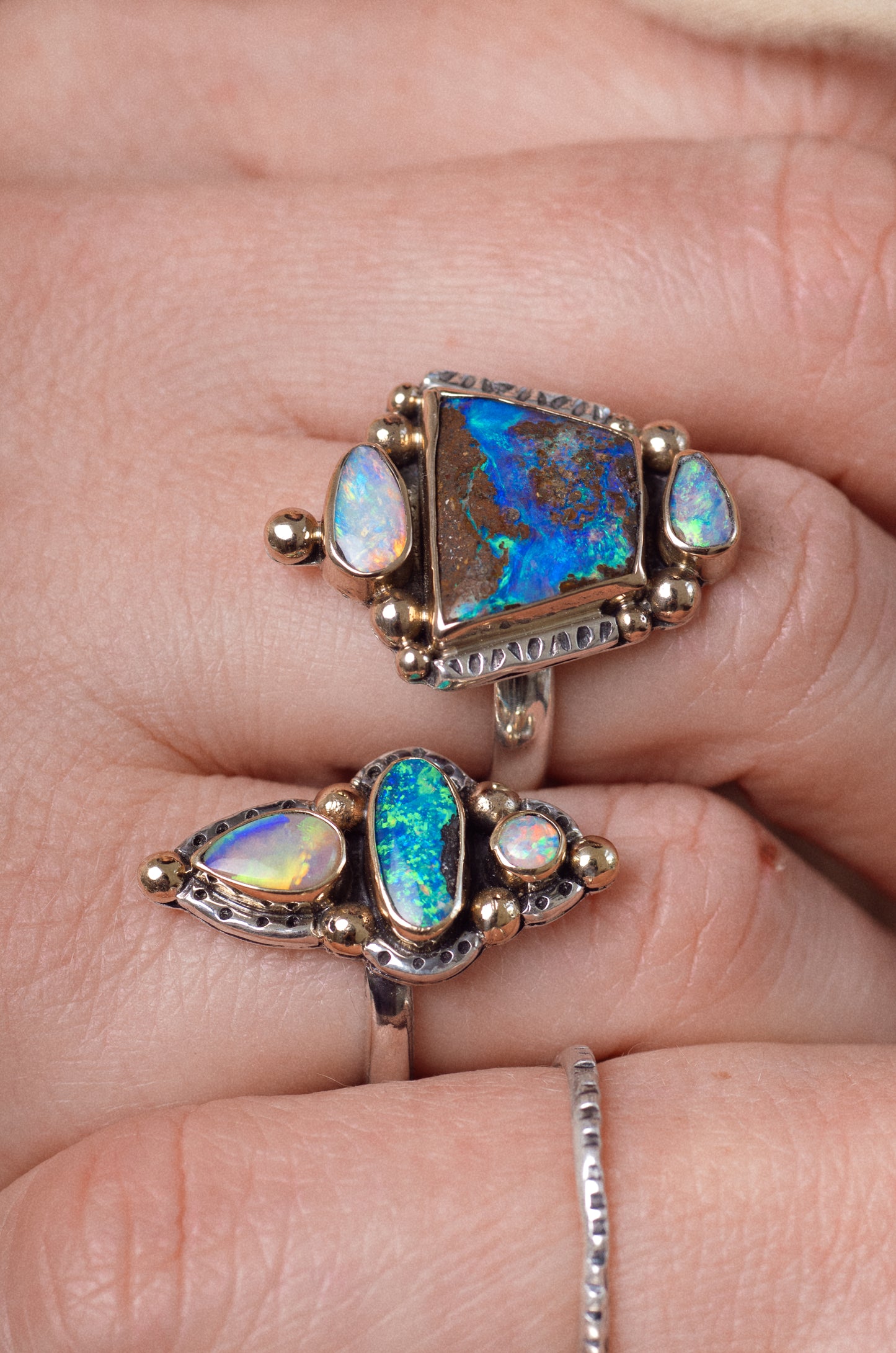 Realms Ring (A) ◇ Australian Opal ◇ Size 5.5 ◇ Silver + 14k Gold