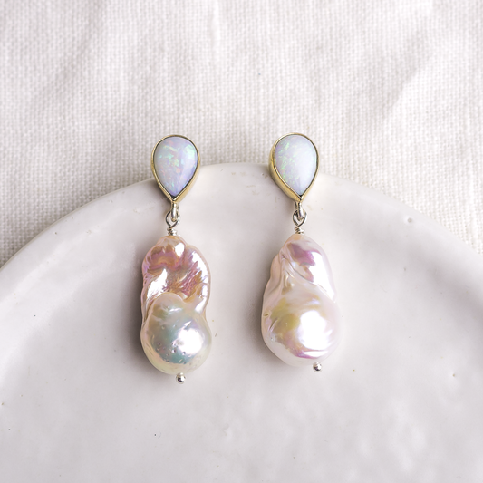 Australian Opal + Baroque Freshwater Pearl Drop Earrings ◇ Silver + 14k Gold