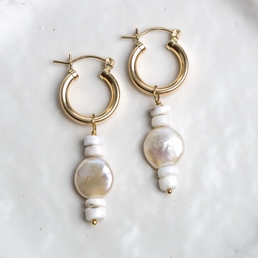 New Moon Hoops ◇ White Buffalo + Freshwater Pearl