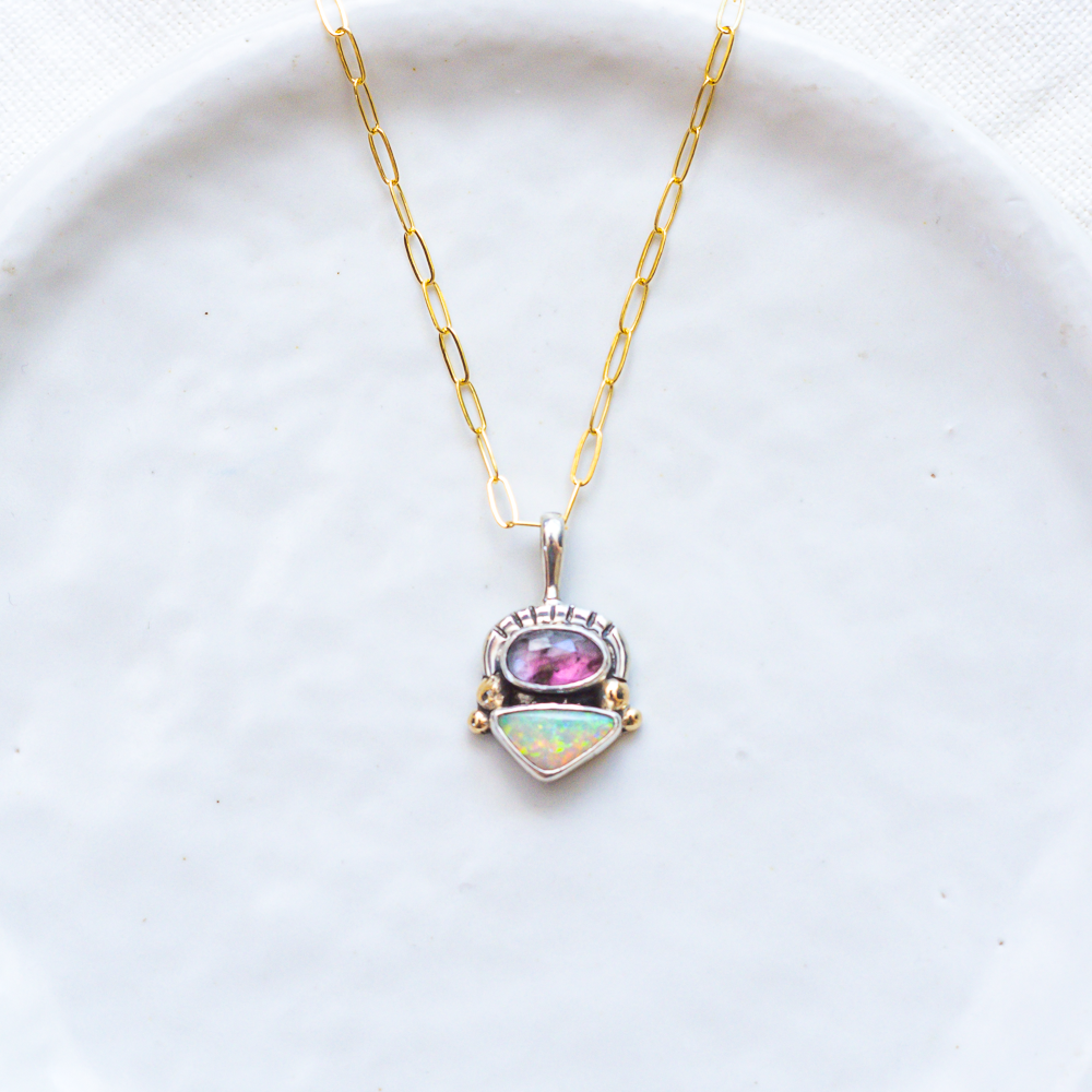 Duo Necklace (C) ◇ Faceted Tourmaline + Australian Opal (Silver + 14k Gold)