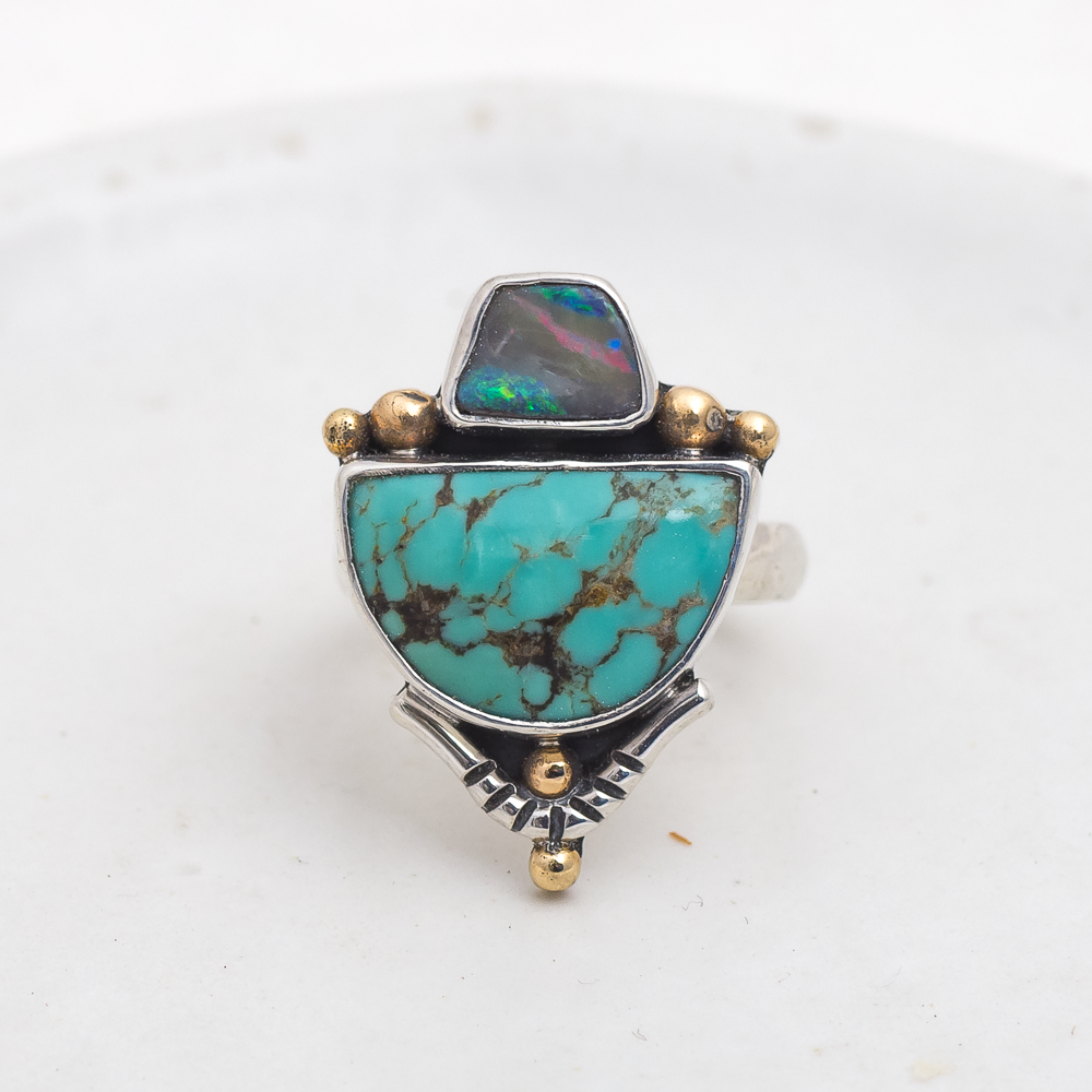 Valley Ring (B) ◇ Australian Opal + Kingman Turquoise ◇ Size 7