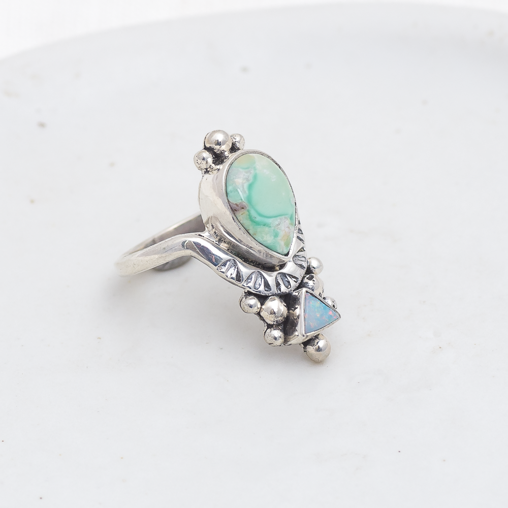Petite Kindred Embrace Ring (B) ◇ Australian Green Variscite + Australian Opal ◇ Size 7.25