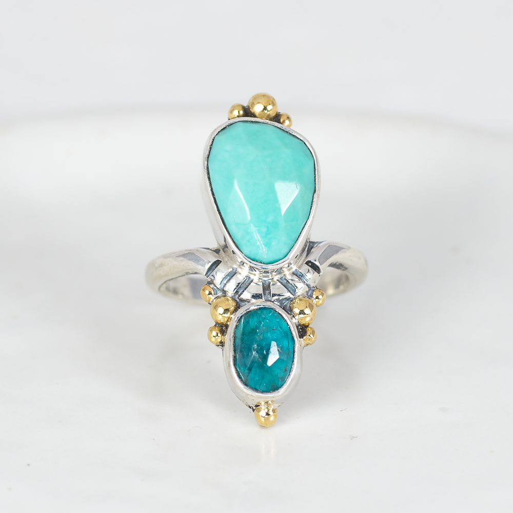 Kindred Embrace Ring (B) ◇ Faceted Turquoise + Faceted Blue Apatite ◇ Size 7