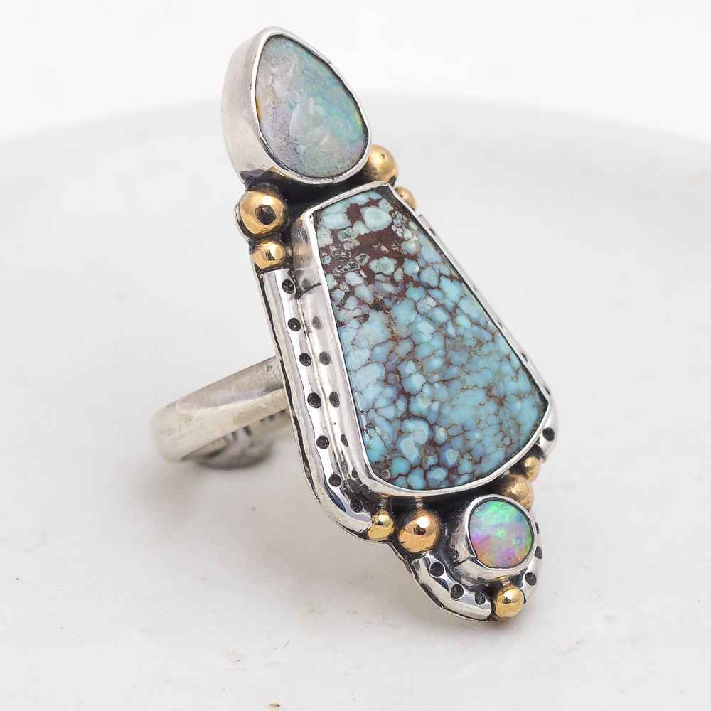 Trine Ring ◇ Australian Opal + Hubei Turquoise ◇ Size 8