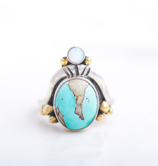 Crowned Embrace Ring (B) ◇ Australian Opal + Royston Turquoise ◇ Seconds Size 6.5
