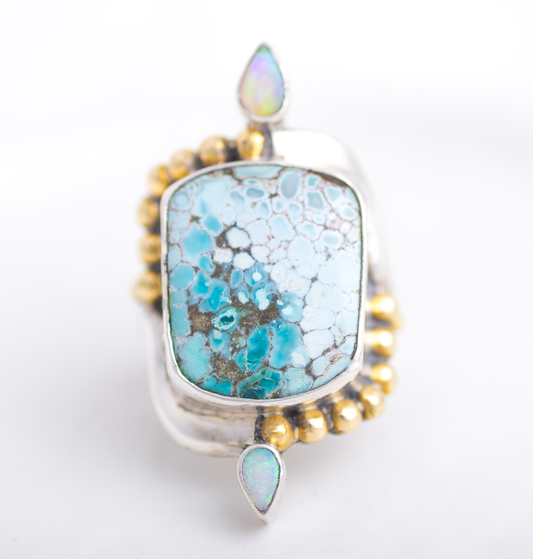 Crowned Origin Embrace Ring (B) ◇ Australian Opal + Hubei Turquoise ◇ Size 8