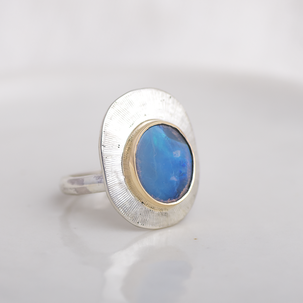 Mini Liminal Ring ◇ Australian Opal ◇ Size 7 ◇ Silver + 14k gold