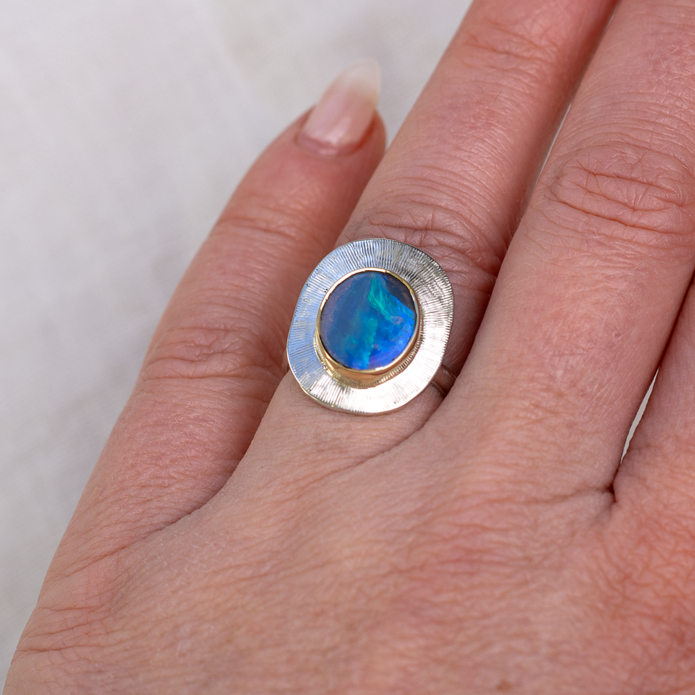 Mini Liminal Ring ◇ Australian Opal ◇ Size 7 ◇ Silver + 14k gold