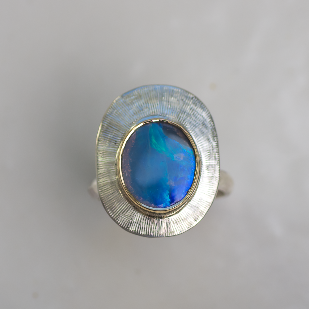 Mini Liminal Ring ◇ Australian Opal ◇ Size 7 ◇ Silver + 14k gold