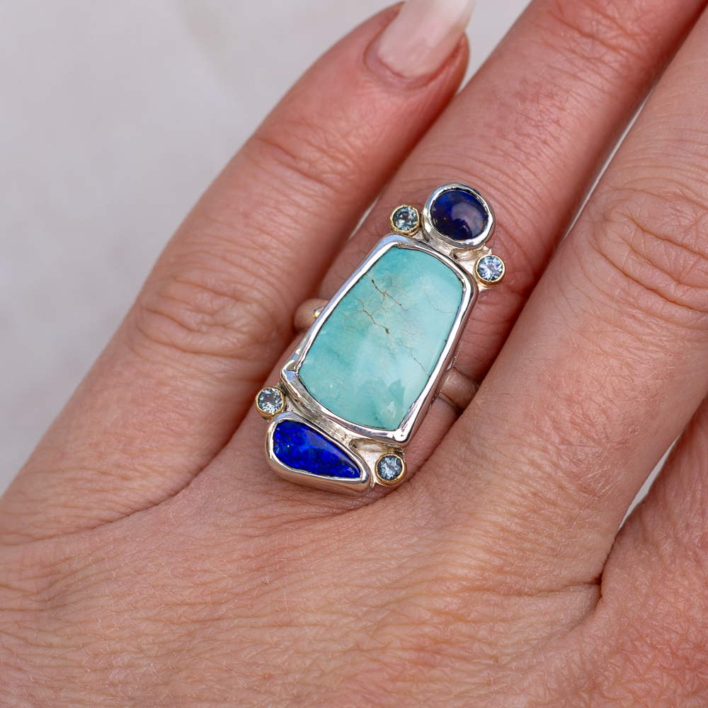 Custom Realms Ring ◇ Hubei Turquoise + Australian Opals + Montana Sapphires ◇ Made in your size