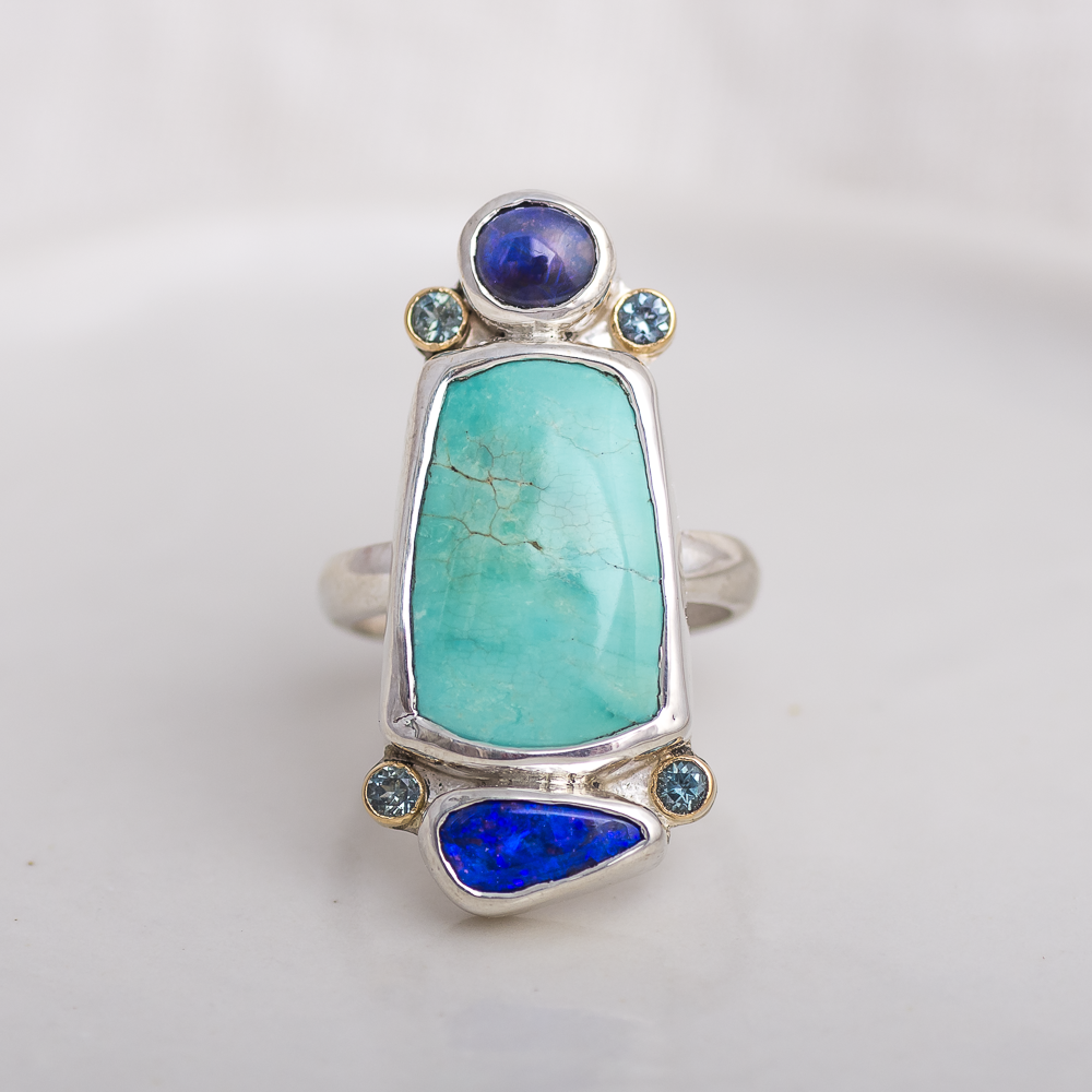 Custom Realms Ring ◇ Hubei Turquoise + Australian Opals + Montana Sapphires ◇ Made in your size