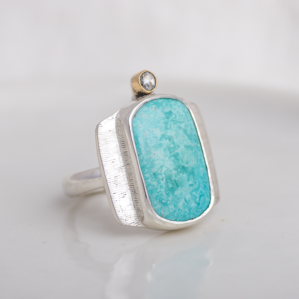 Recenter Ring ◇ Hubei Turquoise + Moissanite ◇ Size 7.5 ◇ Silver + 18k gold