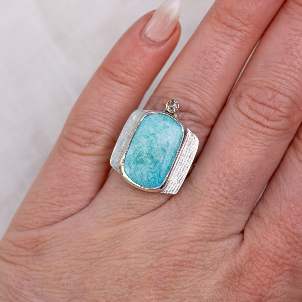 Recenter Ring ◇ Hubei Turquoise + Moissanite ◇ Size 7.5 ◇ Silver + 18k gold