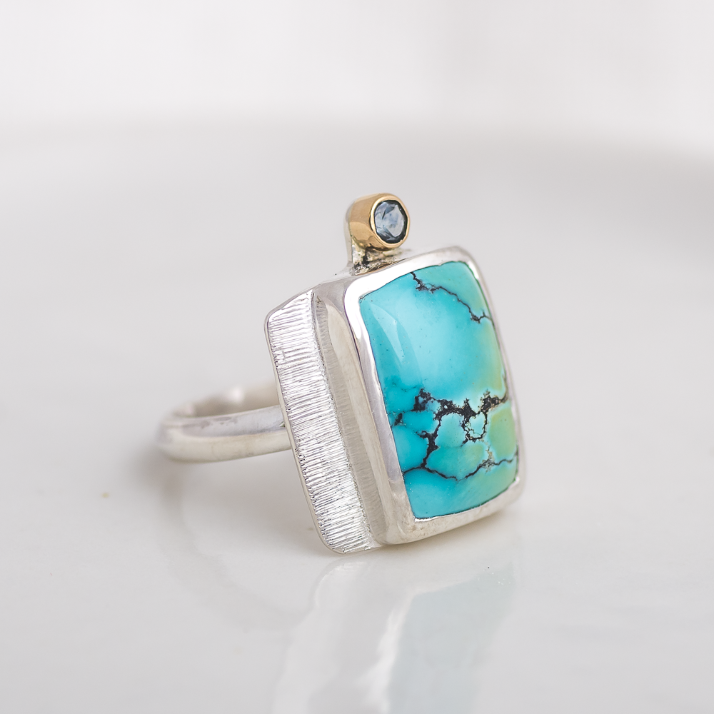 Mini Recenter Ring ◇ Hubei Turquoise + Montana Sapphire ◇ Size 6.25 ◇ Silver + 18k gold