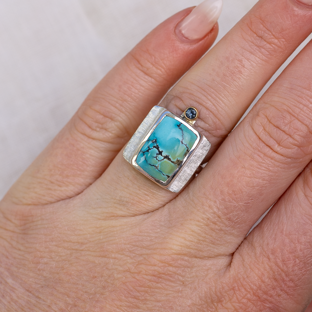 Mini Recenter Ring ◇ Hubei Turquoise + Montana Sapphire ◇ Size 6.25 ◇ Silver + 18k gold