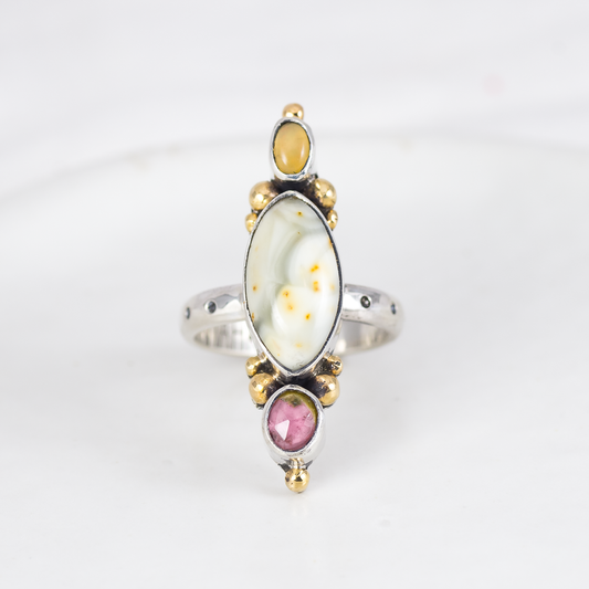 Triad Ring ◇ Ethiopian Opal + Willow Creek Jasper + Faceted Tourmaline ◇ Size 7
